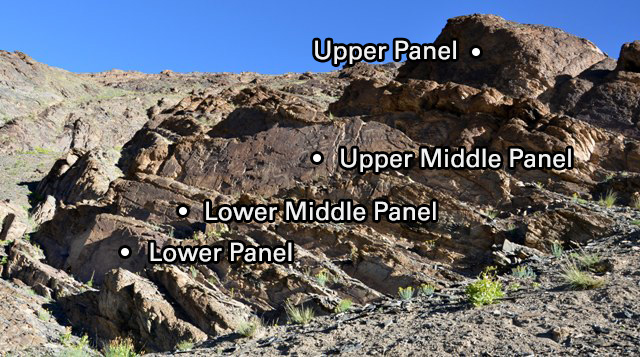 Fig. 2. The central outcrop of Thakhampa Ri. The four panels of the main site are designated.